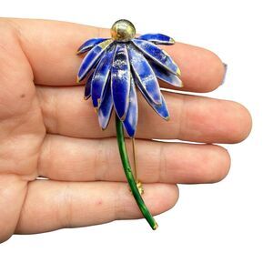 Signed Zentall Blue Enamel Flower Brooch, Gold Tone Echinacea Pin